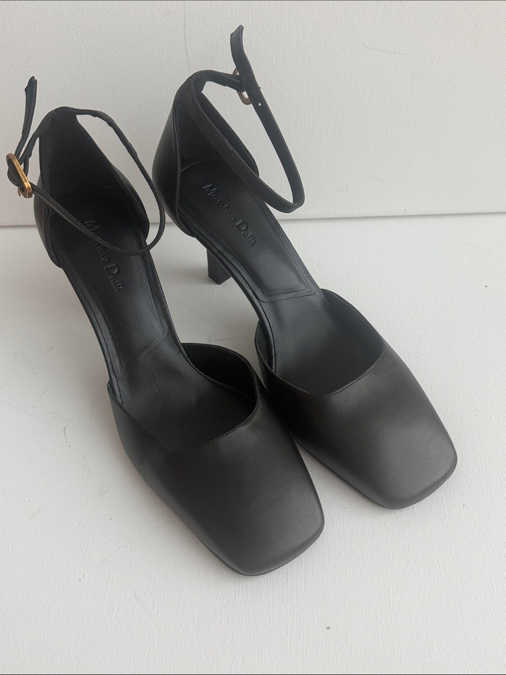 Massimo Dutti Black Leather Square-Toe Ankle-Strap Heels